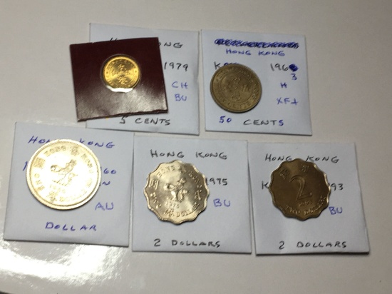 Hong Kong 1979 5 Cents Choice Bu, 1963 H 50 Cents Ef, 1960 Kn Dollar Au, 1975 & 1993 2 Dollars Bu