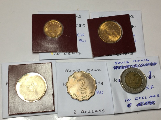 Hong Kong 1985 10 Cent Choice Bu, 1980 50 Cent Choice Bu, 1980 Dollar Ch Bu, 1993 2 Dollars Bu