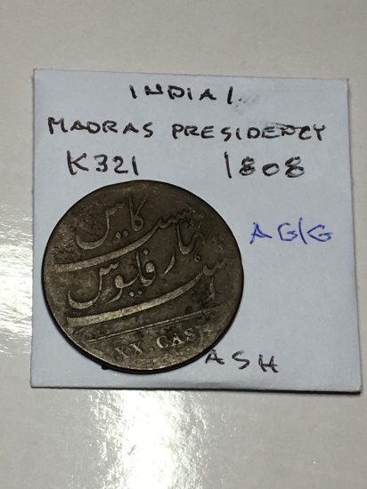 India / Madras Presidency 1808 20 Cash Ag / Good