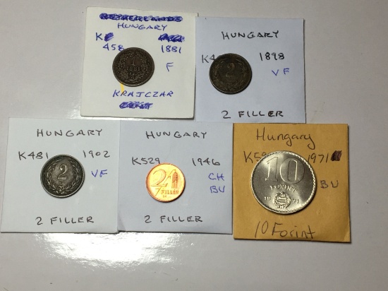 Hungary 1881 Krajczar Fine, 2 Filler 1898 & 1902 Very Fine 1946 Choice Bu, 1971 10 Forint Bu