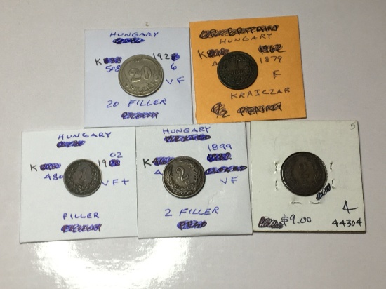 Hungary 1926 20 Filler Very Fine, 1879 Krajczar F, 1902 Filler Very Fine+, 2 Filler 1899 & 1907 Vf