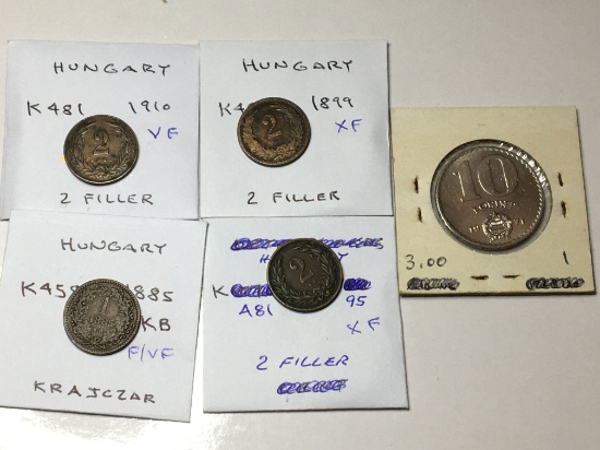 Hungary 2 Filler 1910, 1899 Very Fine 1895 Extra Fine, 1971 10 Forint Unc, 1885 Kb Krajczar Fine/ Vf