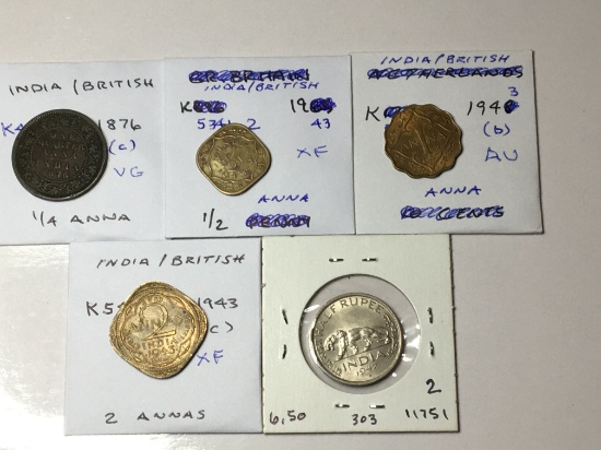 India / British 1876 C 1/4 Anna Vg, 1943 1/2 Anna Ef, 1943 B Anna Au, 1943 C 2 Annas Ef