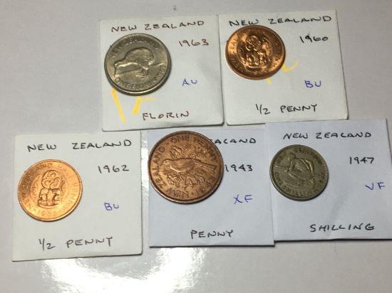 New Zealand 1960 & 1962 1/2 Penny Bu, 1943 Penny Extra Fine, 1947 Shilling Very Fine, 1963 Florin Au