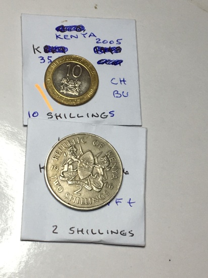 Kenya 1966 2 Shillings Vf+, 2005 10 Shillings Choice Bu