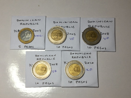 Dominican Republic 2007 5 Pesos, 2005, (2)2008, 10 Pesos Vf, 2010 10 Pesos Ef