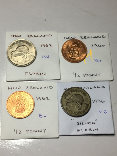 New Zealand 1960 & 1962 1/2 Penny Bu, 1936 "silver" Florin Very Good, 1963 Florin Au