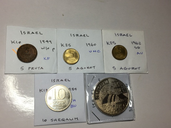 Isreal 1949 W/o P 5 Pruta Ef, 1960 5 Agorot Unc, 1962 Sd 5 Agorot Au, 1984 10 Sheqalim Ch. Bu