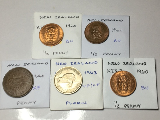 New Zealand (2)1960 Bu& 1961 1/2 Penny Au, 1940 Penny Extra Fine(nick), 1963 Florin Very/extra Fine