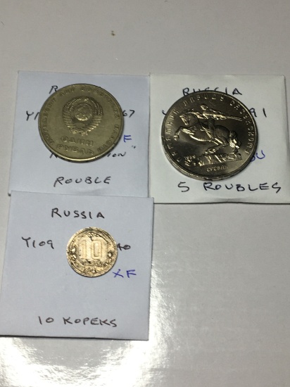 Russia 1940 10 Kopeks Ef, 1967 Rouble "revolution" Vf 1991 5 Roubles Bu