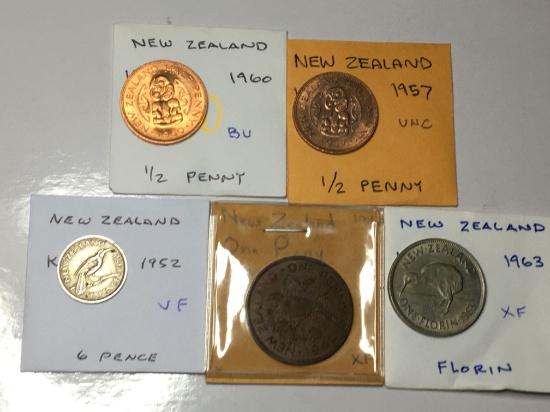 New Zealand 1957 Unc, & 1960 Bu 1/2 Penny, 1942 Penny Extra Fine, 1952 6 Pence Very Fine,