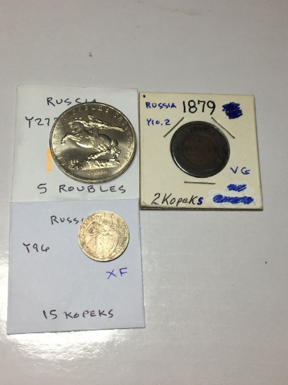Russia 1879 2 Kopeks Vg, 1932 15 Kopeks Ef, 1991 5 Roubles Bu