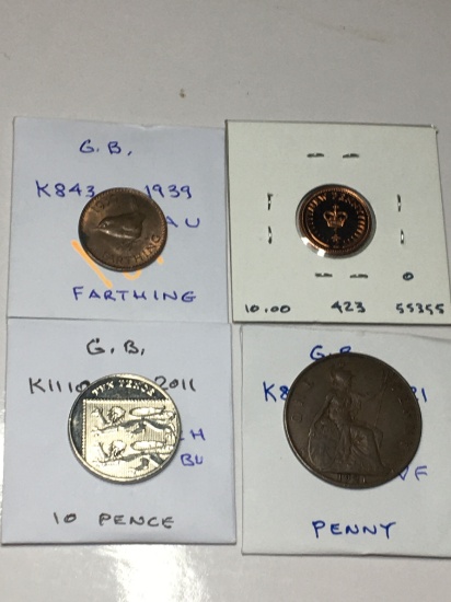Great Britian 1939 Farthing Au, 1978 1/2 New Penny Pr, 2011 10 Pence Ch Bu, 1921 Penny Vf