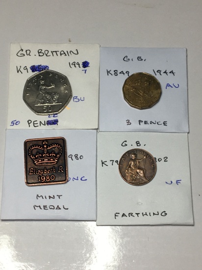 Great Britian 1997 50 Pence Bu, 1944 3 Pence Au, 1980 Mint Medal Unc, 1902 Farthing Vf