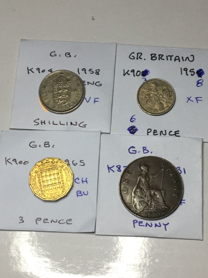 Great Britian 1958 Eng Shilling Vf, 1958 6 Pence Ef, 1965 3 Pence Ch Bu, 1931 Penny Vf