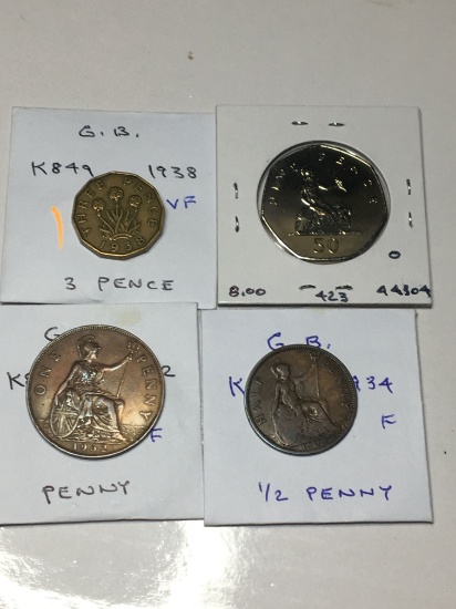 Great Britian 1938 3 Pence Vf, 1978 50 New Pence Pr, 1932 Penny Vf, 1934 1/2 Penny F