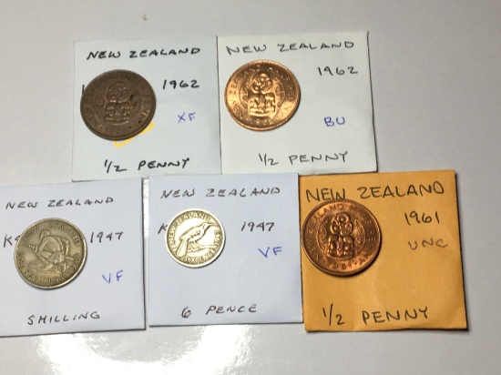 New Zealand 1961 Unc, 62 Extra Fine, 62 Bu 1/2 Penny, 1947 Shilling & 6 Pence Very Fine