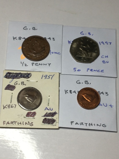 Great Britian 1943 1/2 Penny Au/ Unc, 1997 50 Pence Ch Bu, 1951 Farthing Au, 1943 Farthing Au+