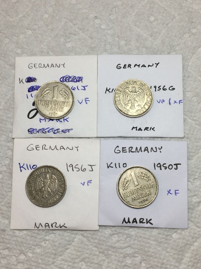 Germany 1 Mark 1961 J Vf, 1956 G Vf/ Ef, 1956 J Vf, 1950 J Ef