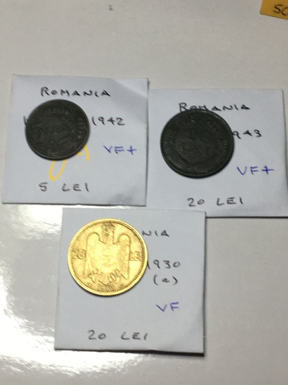 Romania 1942 5 Lei Very Fine+, 1943 20 Lei Very Fine+, 1930(a) 20 Lei Very Fine