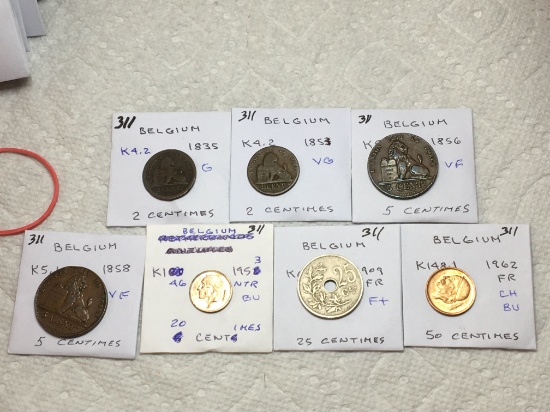 Belgium 1835 2 Centimes G, 1853 2 Centimes Vg, 1856 5 Centimes Vf, 1858 5 Centimes Vf,i
