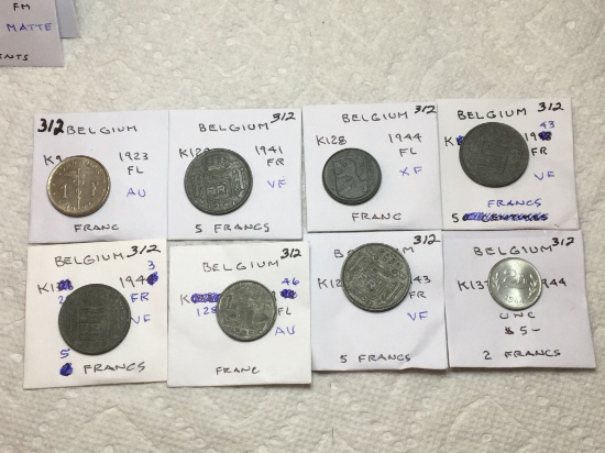 Belgium 1923 Franc Au, 1944 Franc Xf, 1941 5 Francs Vf, 1943 5 Francs Vf, 