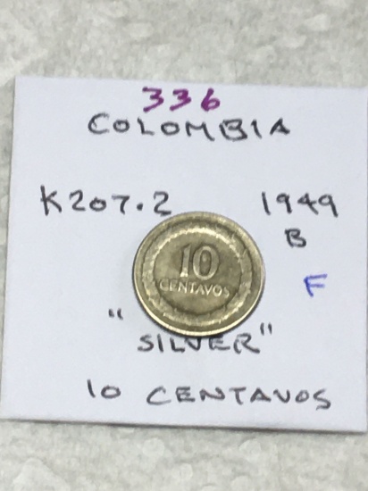 Colombia 1949 B 10 Silver Centavos  Fine