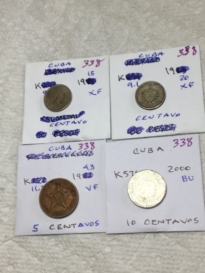 cuba 1915 Centavo Xf,1920 Centavo Xf,1943 5 Centavos Vf,2000 10 Centavos Bu