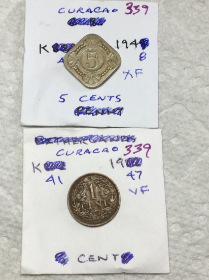 Curaco 1947 Cent Vf, 1948 5 Cents Extra Fine