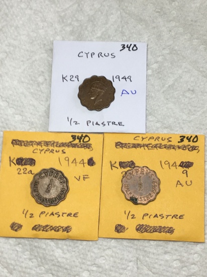 Cyprus 1944  1/2 Piastre Vf, 1949 1/2 Piastre  Au(spot)  1949 1/2 Piastre