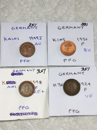 Germany (4 Pfennig Coins) 1949j Au,1950f Bu, 1948 F Xf+, 1924 F Vf