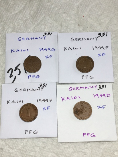 Germany (4 Pfennig Coins) 1949 G Xf, 1949 F Xf,1949 F Xf,1949 D Xf