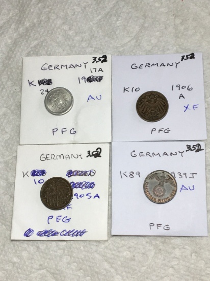 Germany (4 Pfennig Coins) 1917 A Au,1906 A Xf,1939 J Au,1905 A Xf