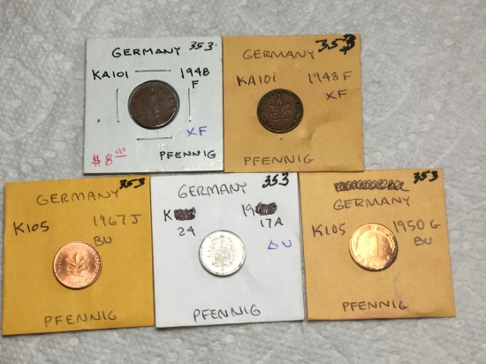 Germany (6 Pfennig Coins)2-1948 F Xf,1967 J Bu,1917 A Au, 1950 G Bu,