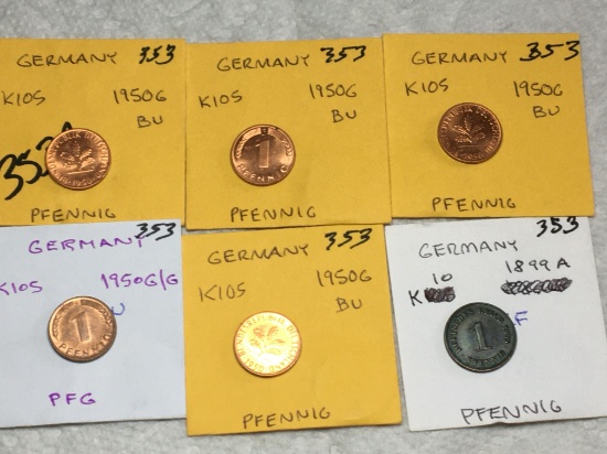 Germany (5 Pfennig Coins) 4-1950 G Bu,1950 G/g Au, 1899 A Ef