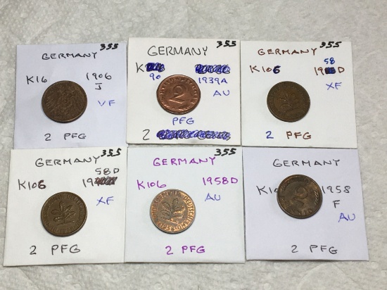 Germany (6-2 Pfg Coins) ,1906 J Vf, 1939 A Au, 1958 D Xf, 1958 D Xf,1958 D Au
