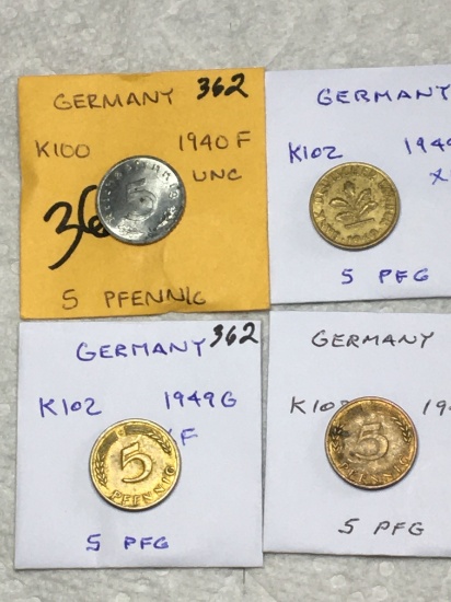  germany (4-5 Pfennig Coins) 1940 F Unc, 1949 G Xf, 1949 G Xf, 1949 J Xf 