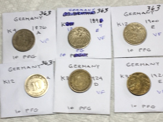 Germany (6-10 Pfg Coins) 1876 A Vf,1898 E Vf, 1900 E Vf,1905 A Xf,1924 D Vf,