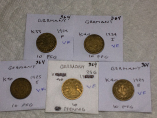 Germany (5-10 Pfg Coins) 1924 F Vf,1924 J Vf,1925 E Vf,1925 G Vf,1929 E Vf
