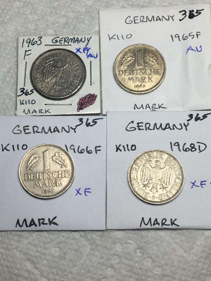Germany (4-mark Coins) 1963 F Xf/au,1965 F Au,1966 F Xf,1968 D Xf+