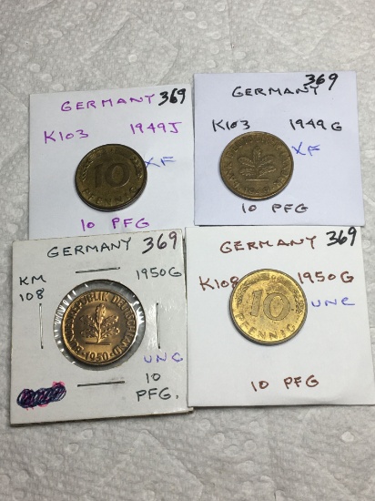 Germany (4) 10 Pfennig Coins 1949j Xf,1949 G Xf, 1950 G Au/unc, 1950 G Unc 