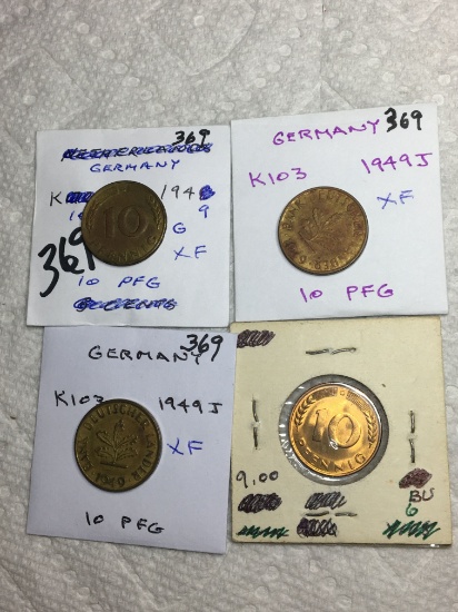 Germany (4) 10 Pfennig Coins 1950 G Bu,1949 G Xf,1949 J Xf,1949 J Xf