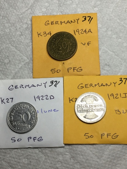 Germany (3) 50 Pfennig Coins 1924 A Vf,1922 D Au/unc, 1921 J Bu