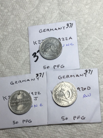 Germany (3) 50 Pfennig Coins 1922 A Unc, 1922 J Unc, 1920 D Au