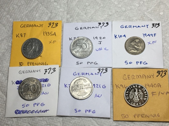 Germany (6-50 Pfg Coins) 1935 Xf,1920 Unc,1949 Xf,1921 Au,1940 F/vf,1921 Au