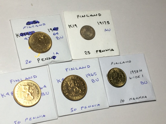 Finland 1964 Pennia Bu, 1917 S 25 Pennia Au, 1964&1965 50 Pennia Bu, 1958 H 10 Markka Wide"1" Bu