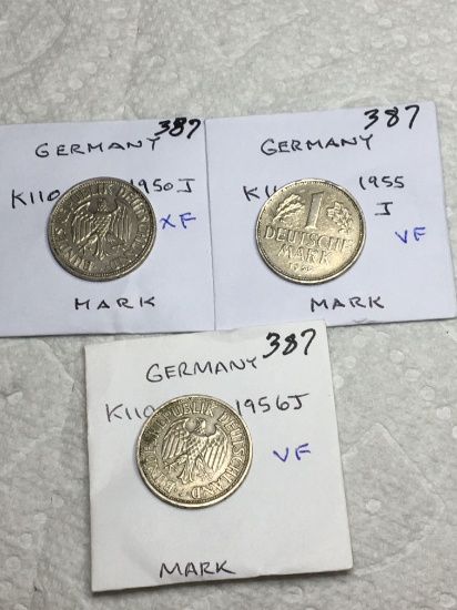 Germany(3) Mark Coins 1950 J Xf,1955 J Vf,1956 J Vf