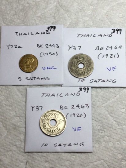 Thailand 5 Satang 1950 Unc,   2-10 Satang 1920 Vf, 1921 Vf