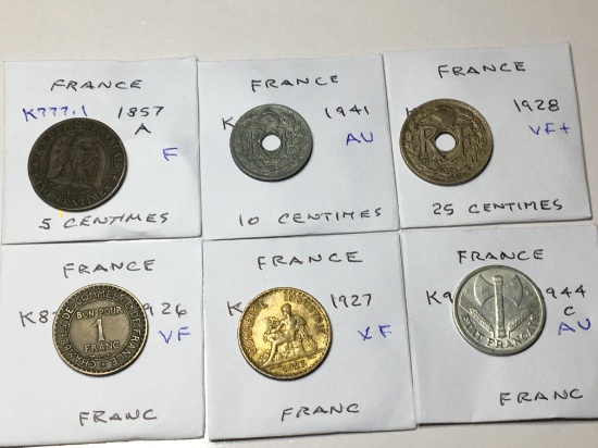 France 1857 A 5 Centimes Fine, 1941 10 Centimes Au, 1928 25 Centimes Very Fine+, 1927 Franc Ex Fine