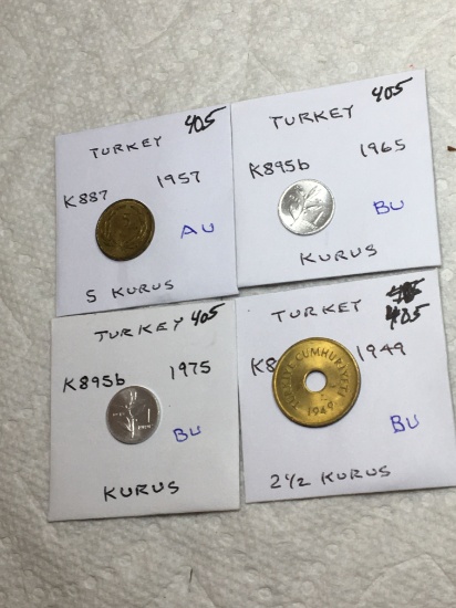 Turkey 2- Kurus 1965 Bu, 1975 Bu,2 1/2 Kurus 1949 Bu, 5 Kurus 1957 Au